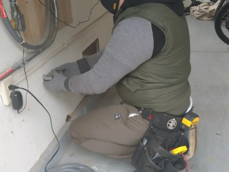 Electrician performing outlet wiring in a Fort Bragg garage